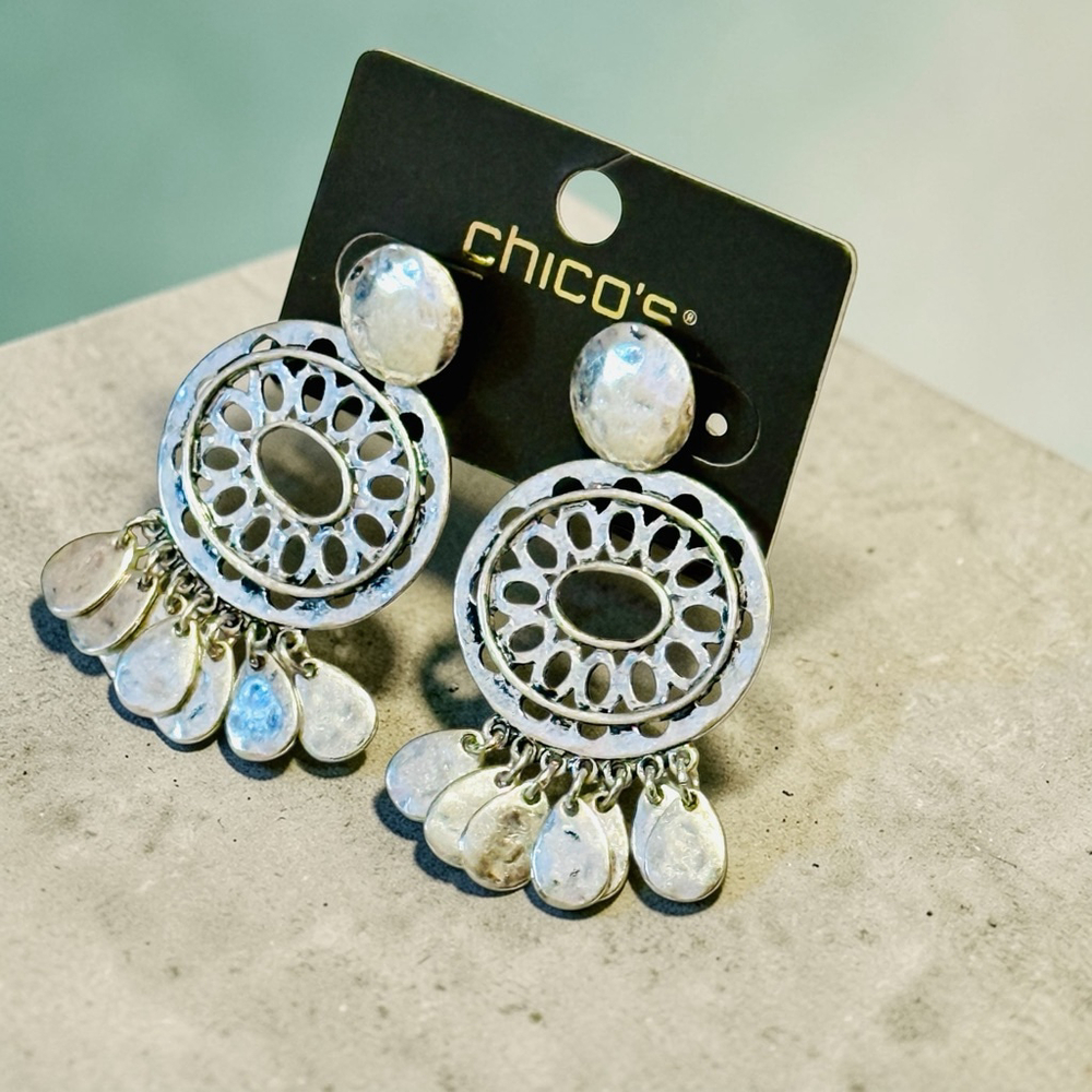 Chico's Silver Filigree Fringe Statement Earrings NWT - Picture 4 of 8